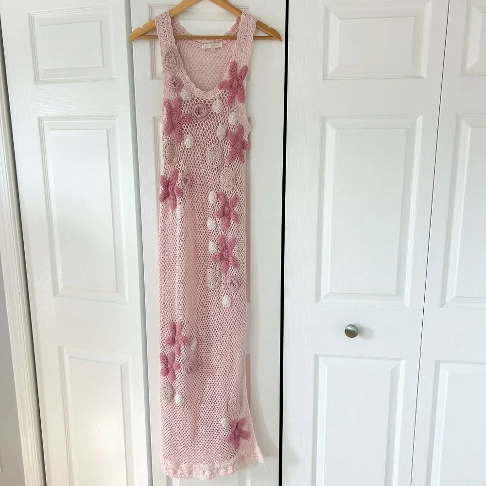 LoveShackFancy Shelburne Crochet Cotton Midi Dress Pink Floral EUC Medium - Picture 4 of 12